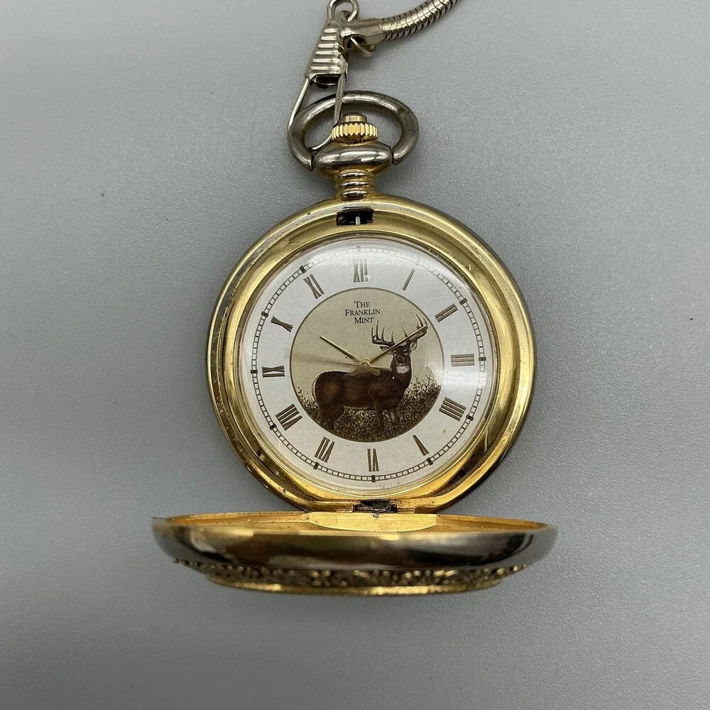Franklin Mint American Wildlife Mens Pocket Watch 51mm Deer Chain New Battery
